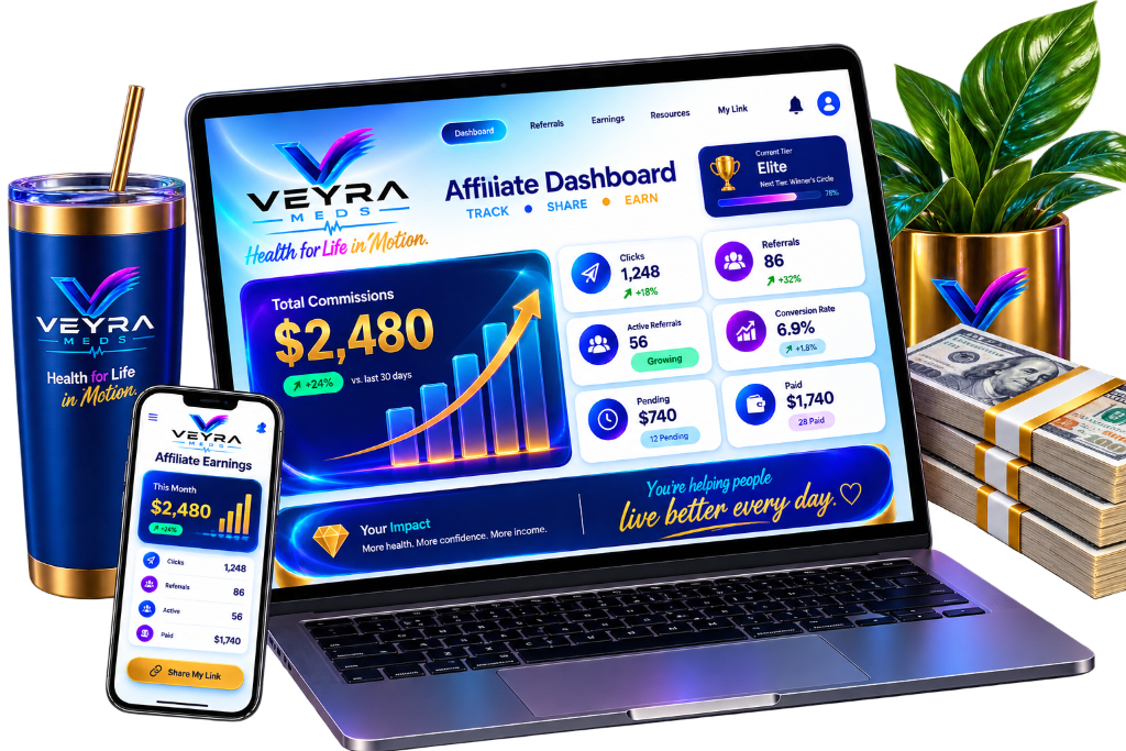 VEYRA MEDS Affiliate Dashboard on a premium laptop and smartphone with VEYRA tumbler and earnings
