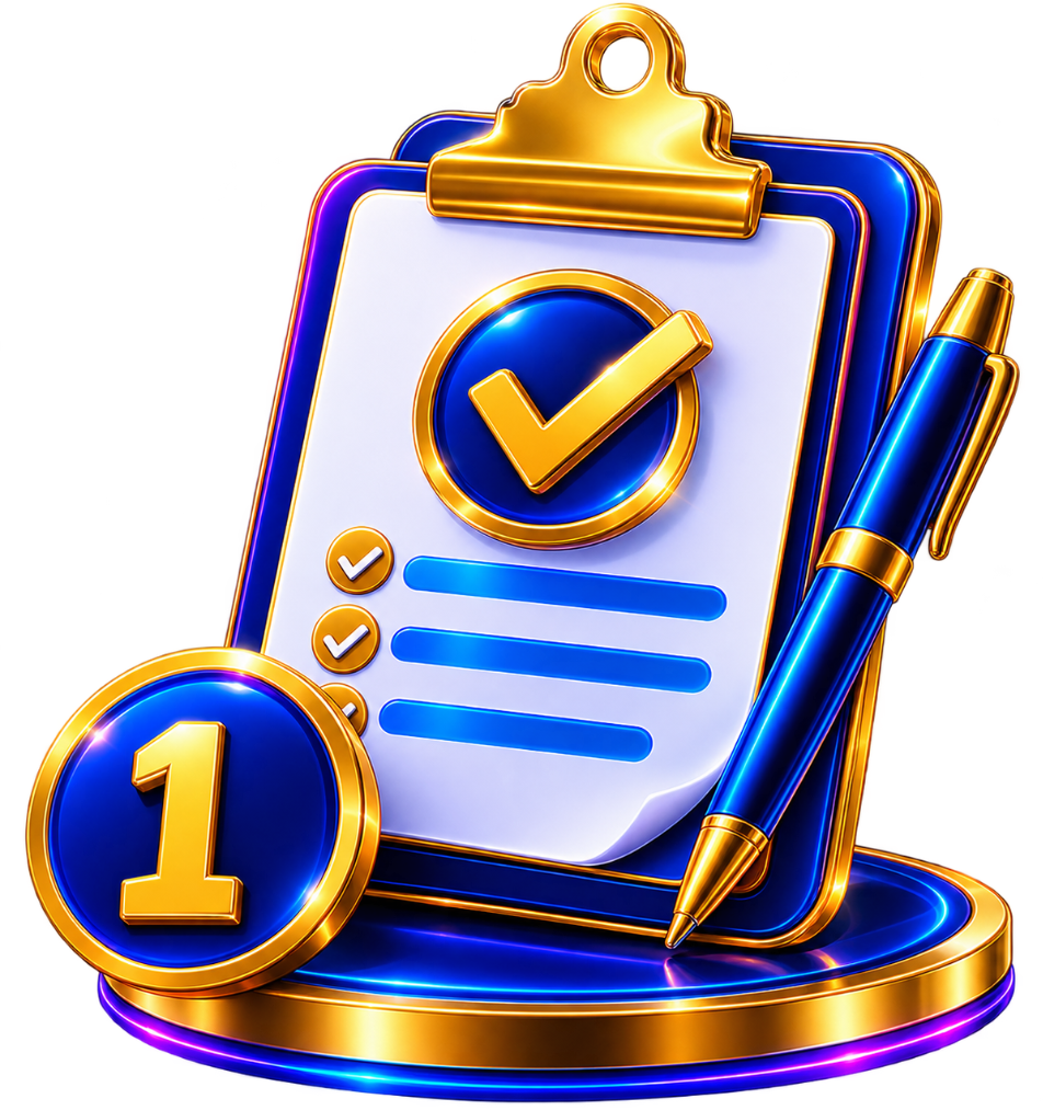 Step 1: sign up free — golden clipboard with checkmark