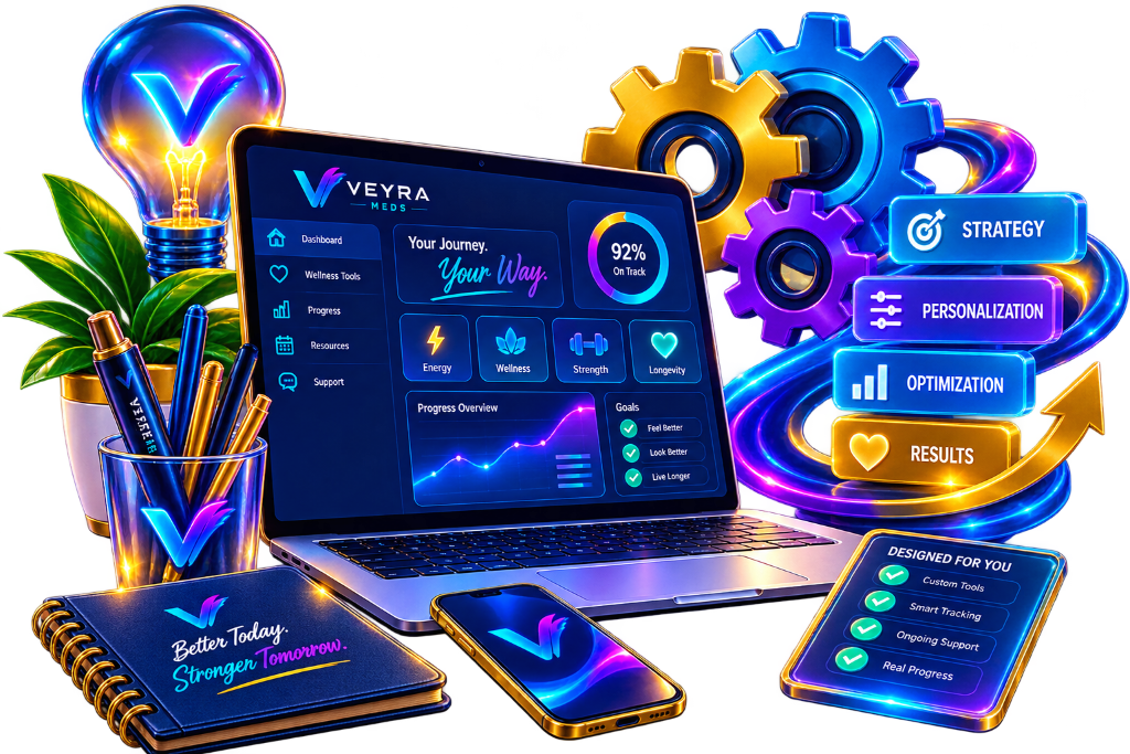 Thoughtfully Designed illustration — wellness dashboard, gears and lightbulb