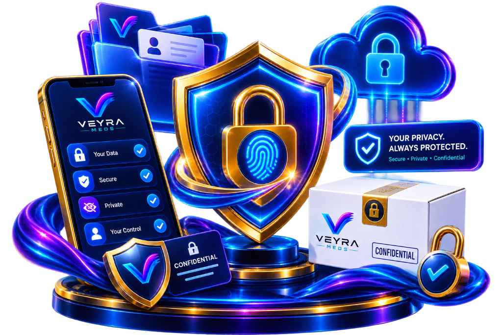 Discreet and Secure illustration — shield, lock and confidential delivery